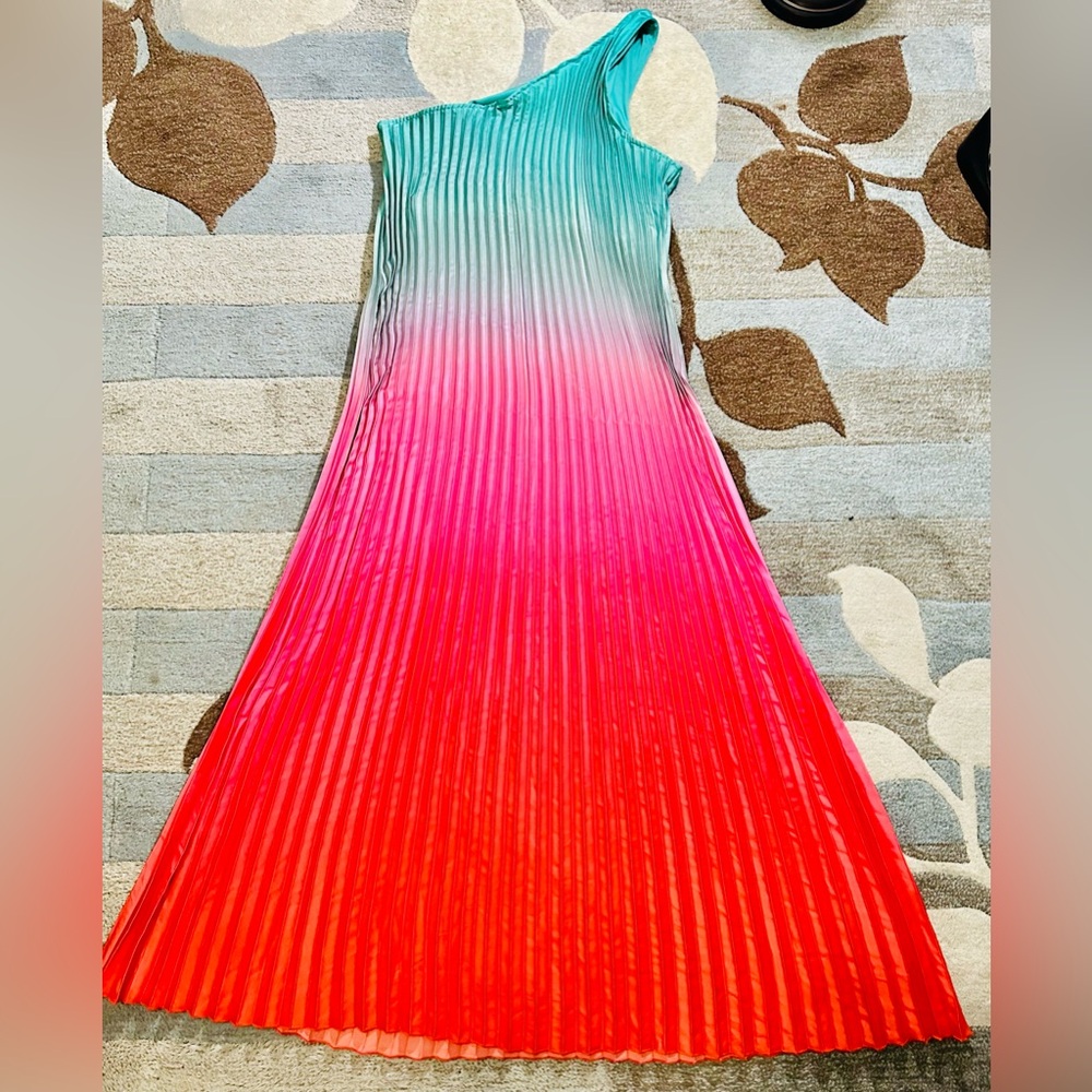 Nicole Miller Sleeveless One Shoulder Summer Sunset Ombré Satin Plissé Gown - Picture 8 of 11
